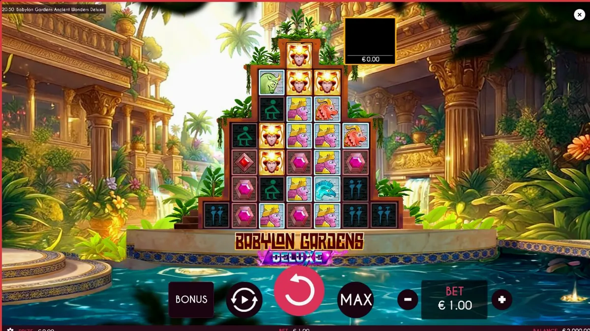 Babylon Gardens Ancient Wonders Deluxe slot screen na nagpapakita ng pyramid structure at mga simbolo