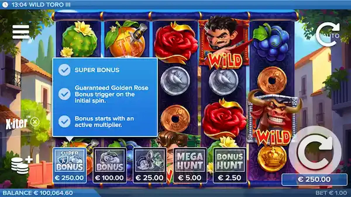 Visual na presentasyon ng Wild Toro 3 slot na nagpapakita ng mga simbolong Espanyol at ang bullfighting arena.