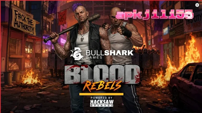 Tampilan visual slot Blood Rebels dengan tema urban dan simbol-simbol pemberontakan